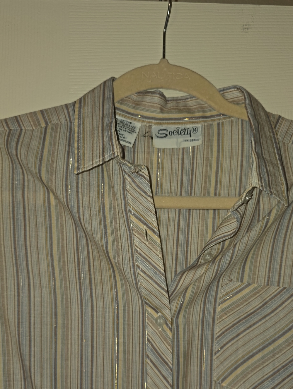 Society Womens Beige and Light Blue Striped Button-Down Shirt
